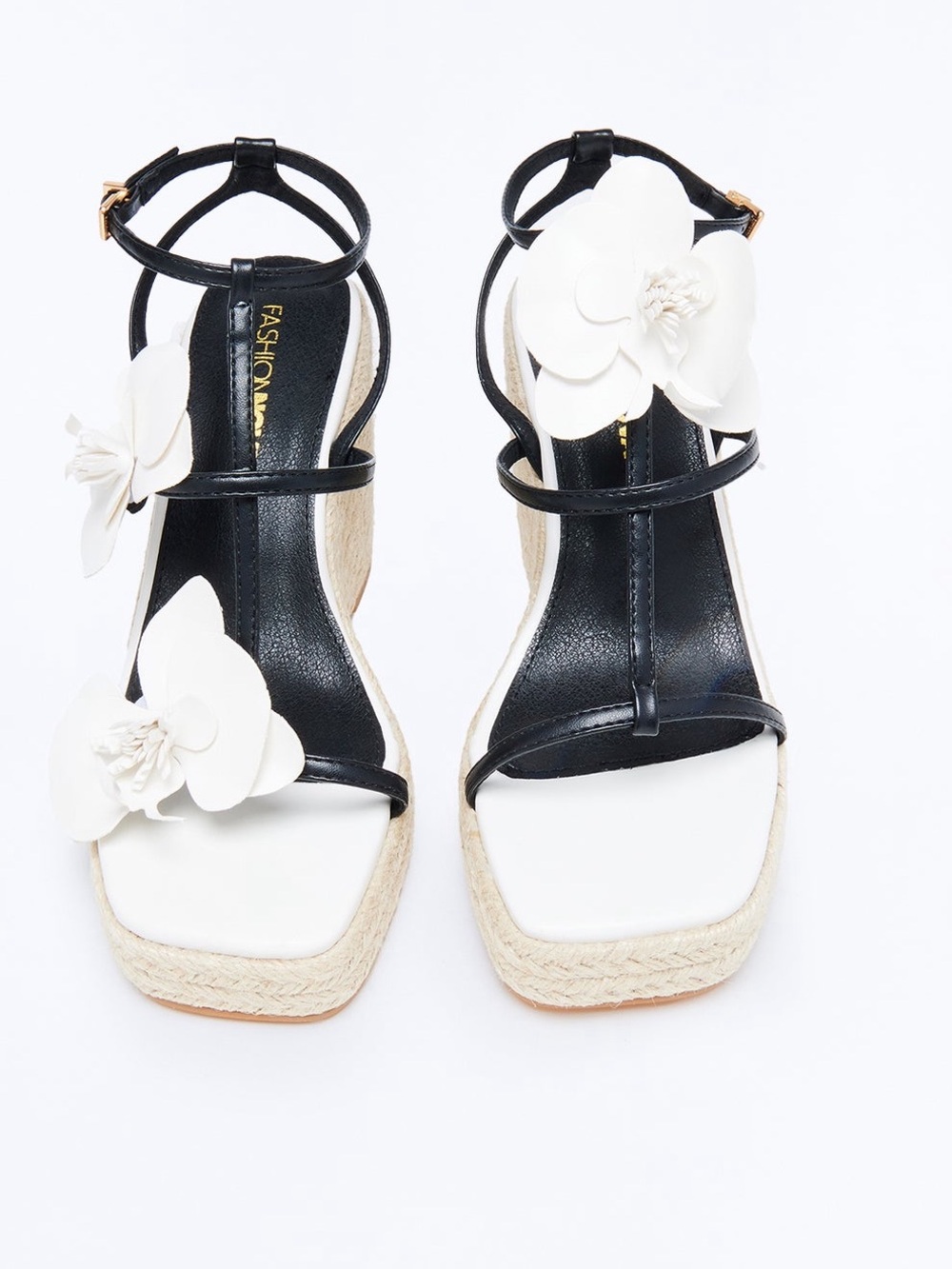 Fashion Nova Black & White Floral Espadrille Wedge Sandals